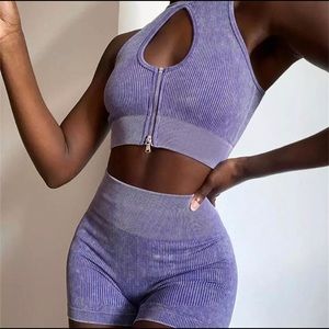 Purple Gym Set | Zip Up Two Piece Yoga Outfit Sports Bra Seamless Shorts euc